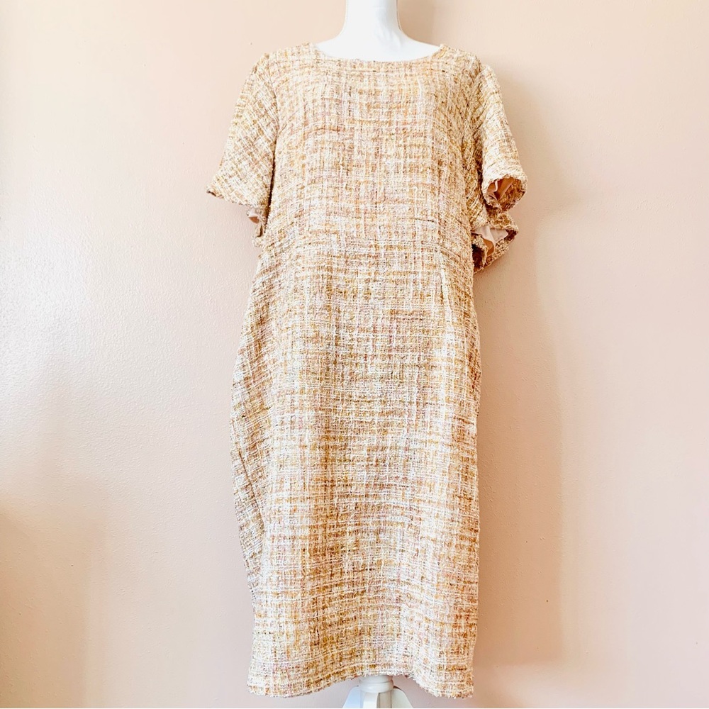 DM Fashion Beige, Pink & Gold Tweed Sequins Flutter Sleeve Dress.